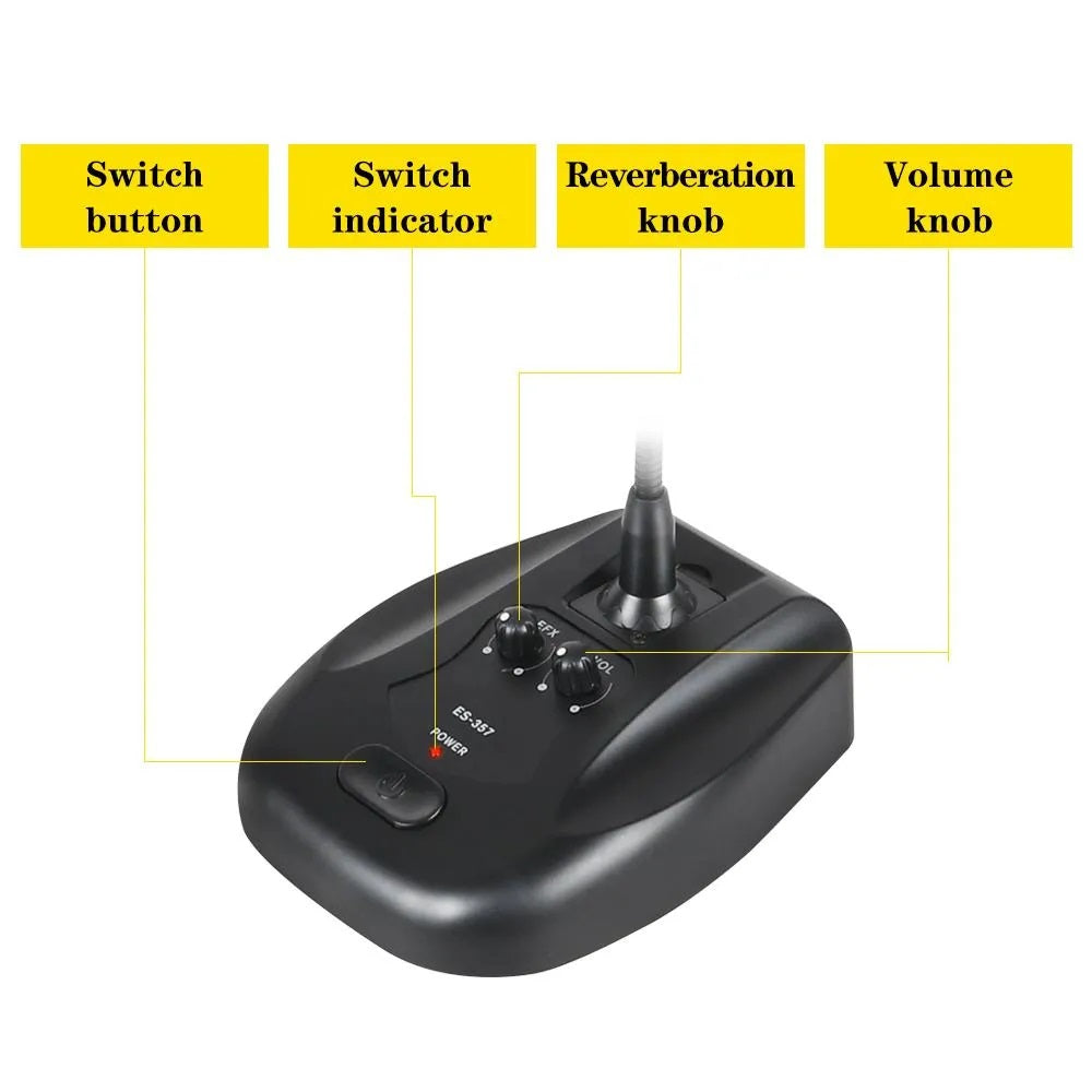 Gooseneck conference microphone with reverb, featuring switch and volume controls