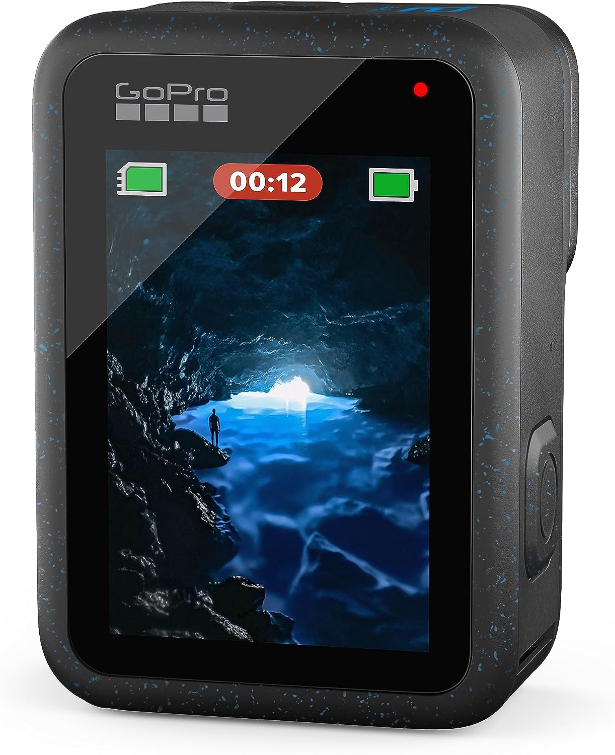 GoPro HERO 12 Black Waterproof Action Camera with a vibrant display showing a scenic cave view