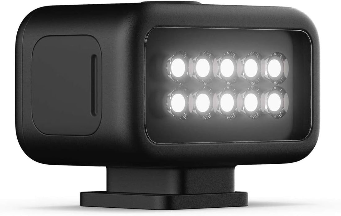 GoPro Light Mod attached to camera, enhancing low-light shooting for adventures and sports photography
