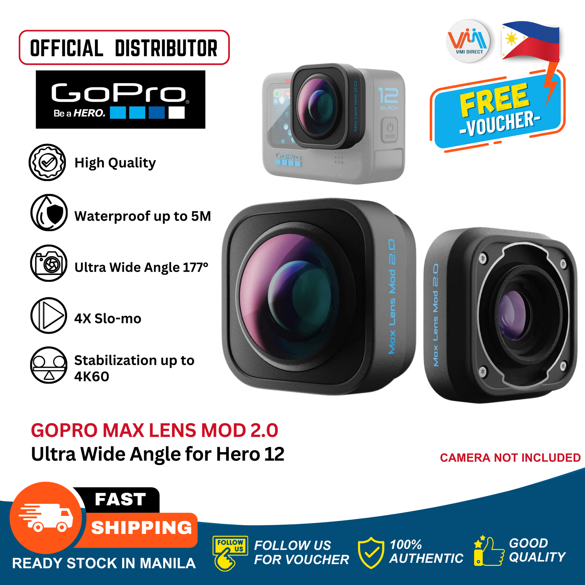 VMIDirect GoPro Max Lens Mod for Hero 12 with Ultra Wide Angle and 4K stabilization