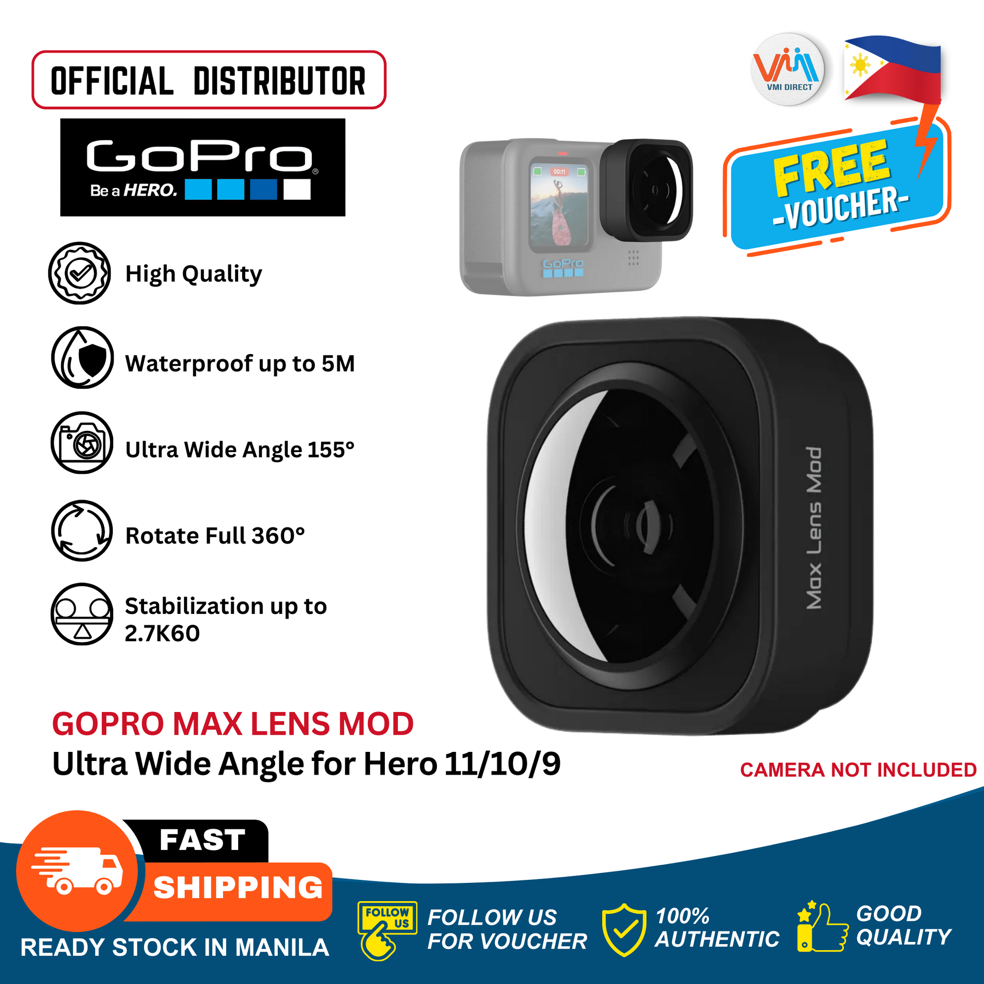 GoPro Max Lens Mod for Ultra Wide Angle on Hero 11 10 9 with 360 Rotation and Waterproof feature