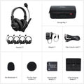 Group communication headset with storage bag and accessories for clear audio interactions