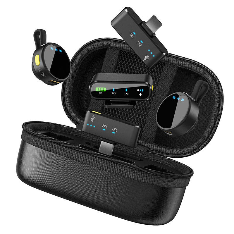 GXCT A100 Wireless Lavalier Microphone in a compact carrying case with dual transmitters and receiver