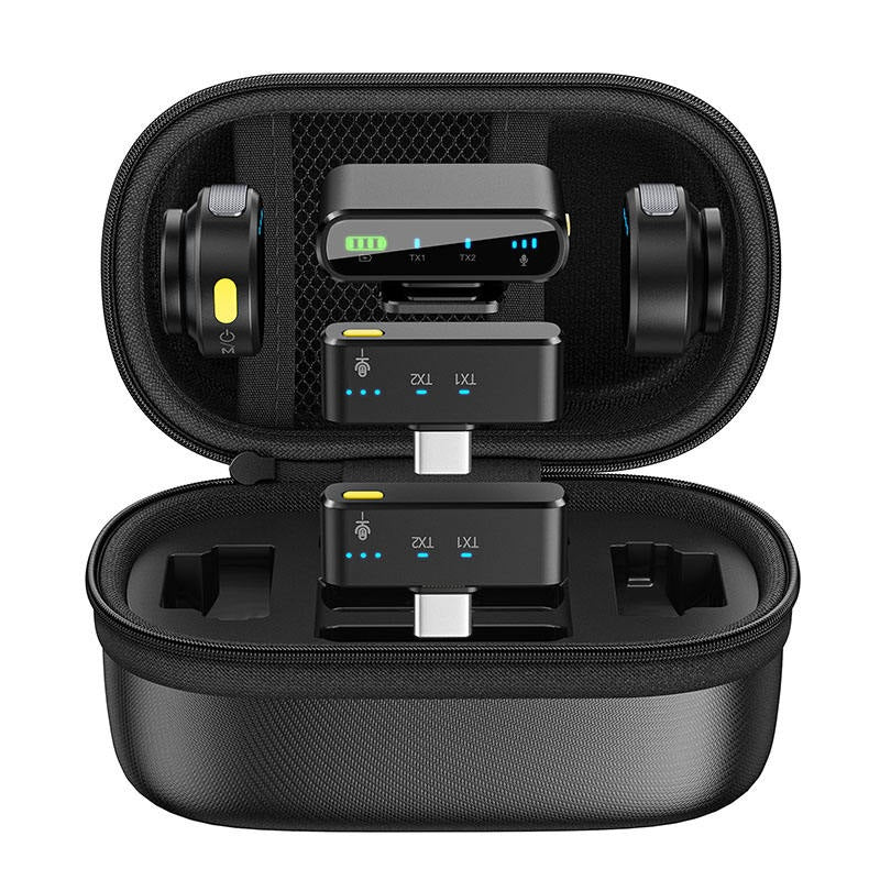GXCT A100 Wireless Lavalier Microphone in a compact carrying case with dual transmitters and receiver
