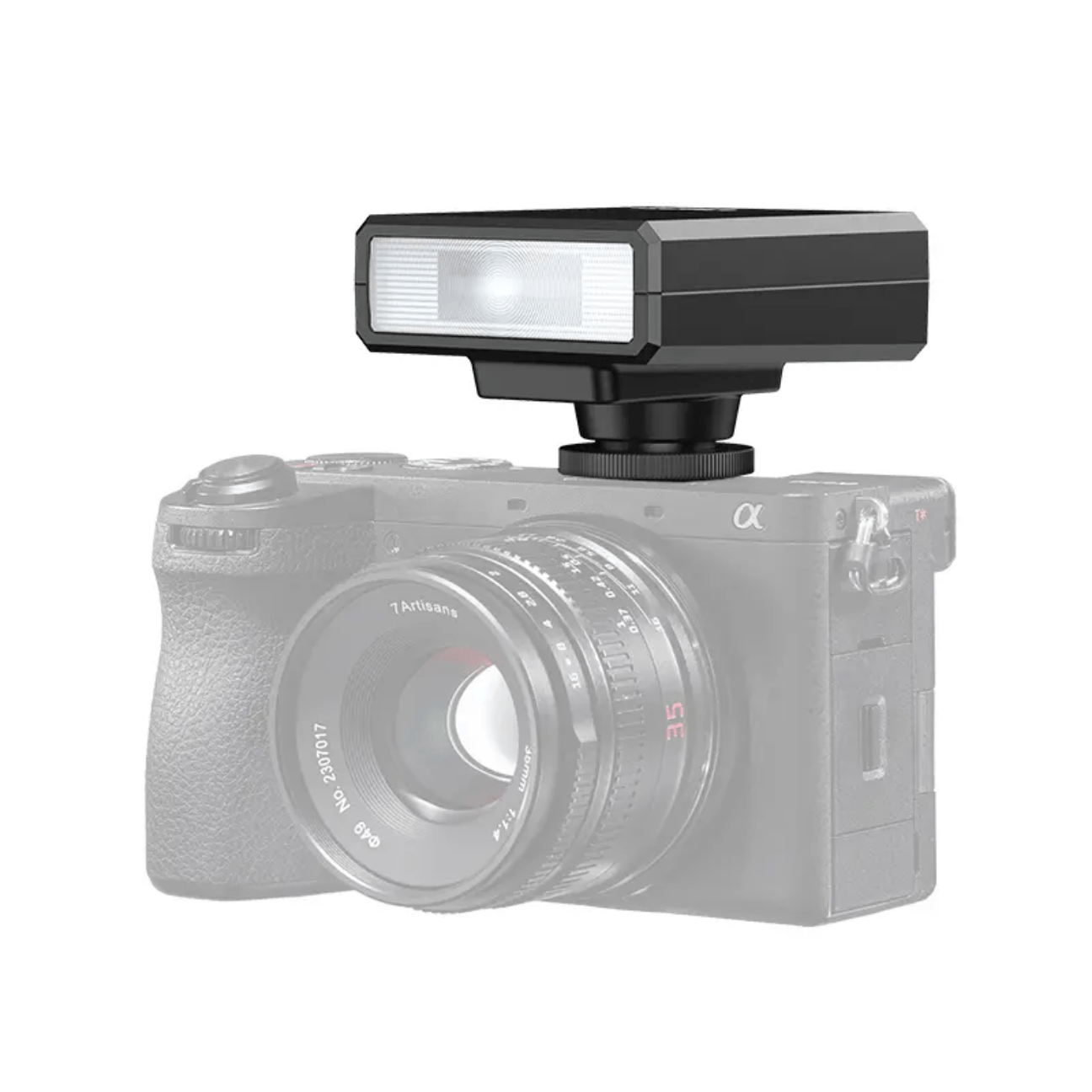 GXCT F12 Mini Camera Flash mounted on a camera for enhanced photography lighting