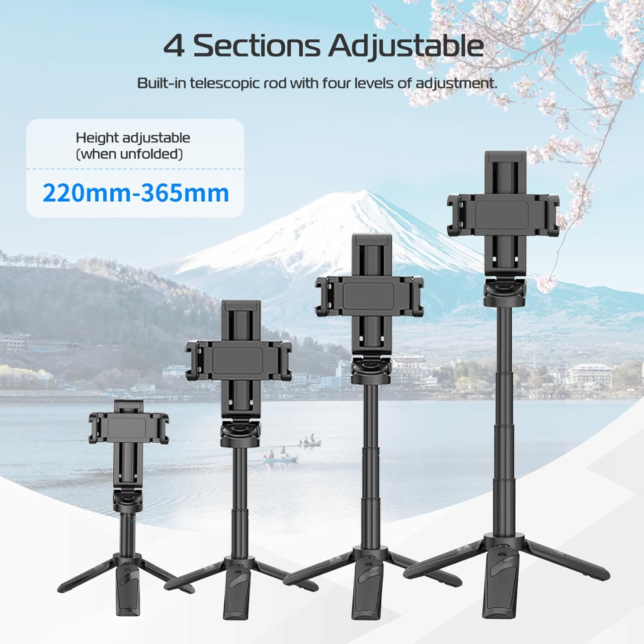 GXCT JJ02 Extendable Grip Phone Tripod with four adjustable height settings for versatile selfies