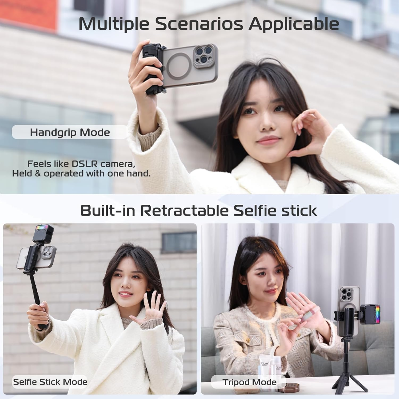 VMIDirect GXCT JJ02 Extendable Grip Phone Tripod in various modes for versatile photography