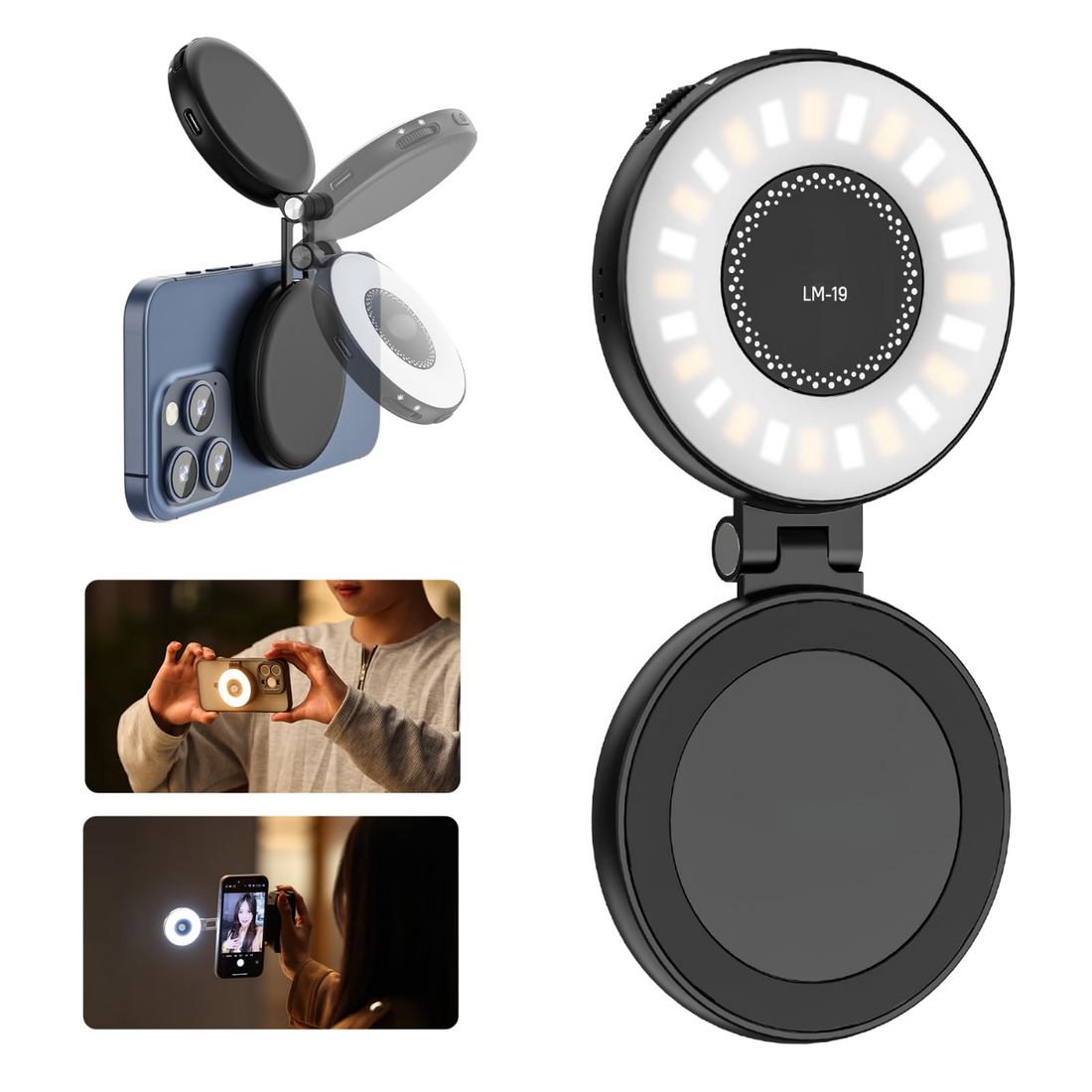GXCT LM19 Magnetic Selfie Light in black, designed for enhanced photography and video shooting