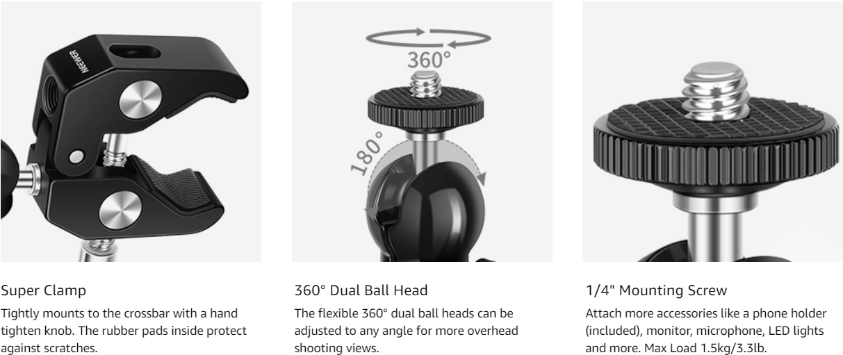 GXCT LS15 Overhead Camera Mount Rig with Super Clamp and 360 Dual Ball Head for versatile shooting