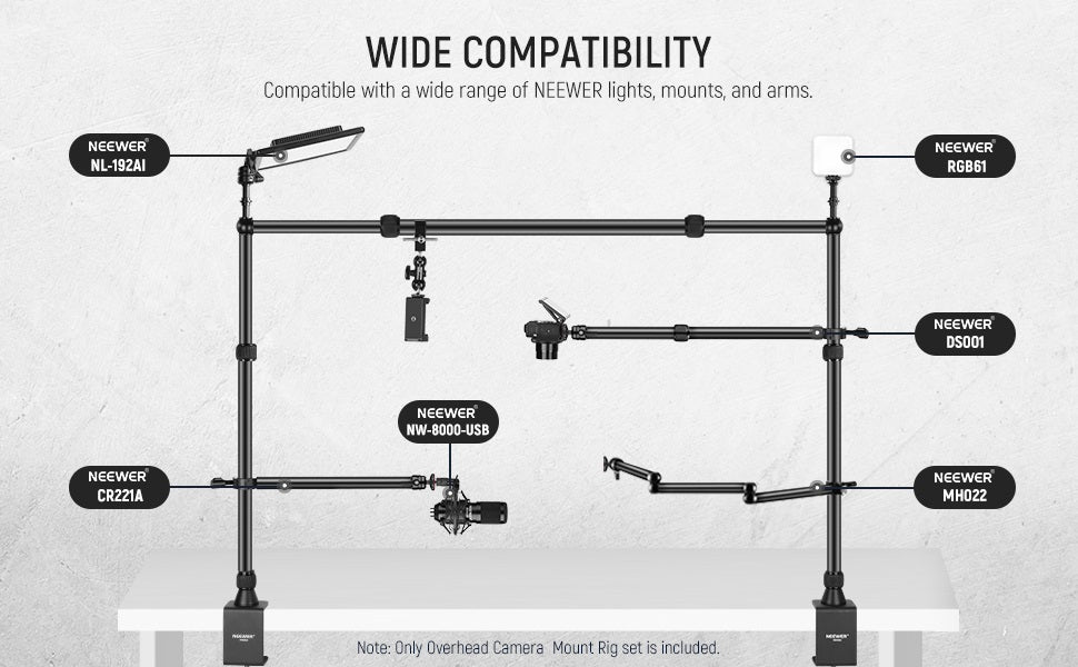 GXCT LS15 Overhead Camera Mount Rig showcasing wide compatibility with various NEewer lights and mounts