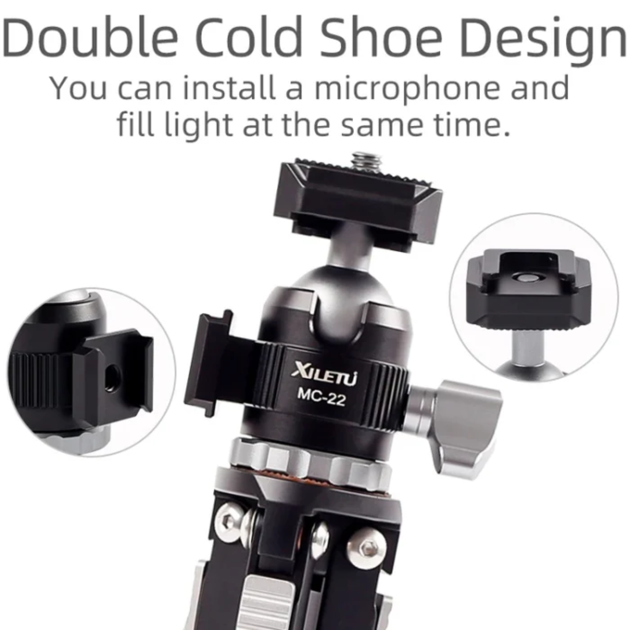 GXCT MC-22 tripod ball head for camera with double cold shoe design for simultaneous microphone and light attachment