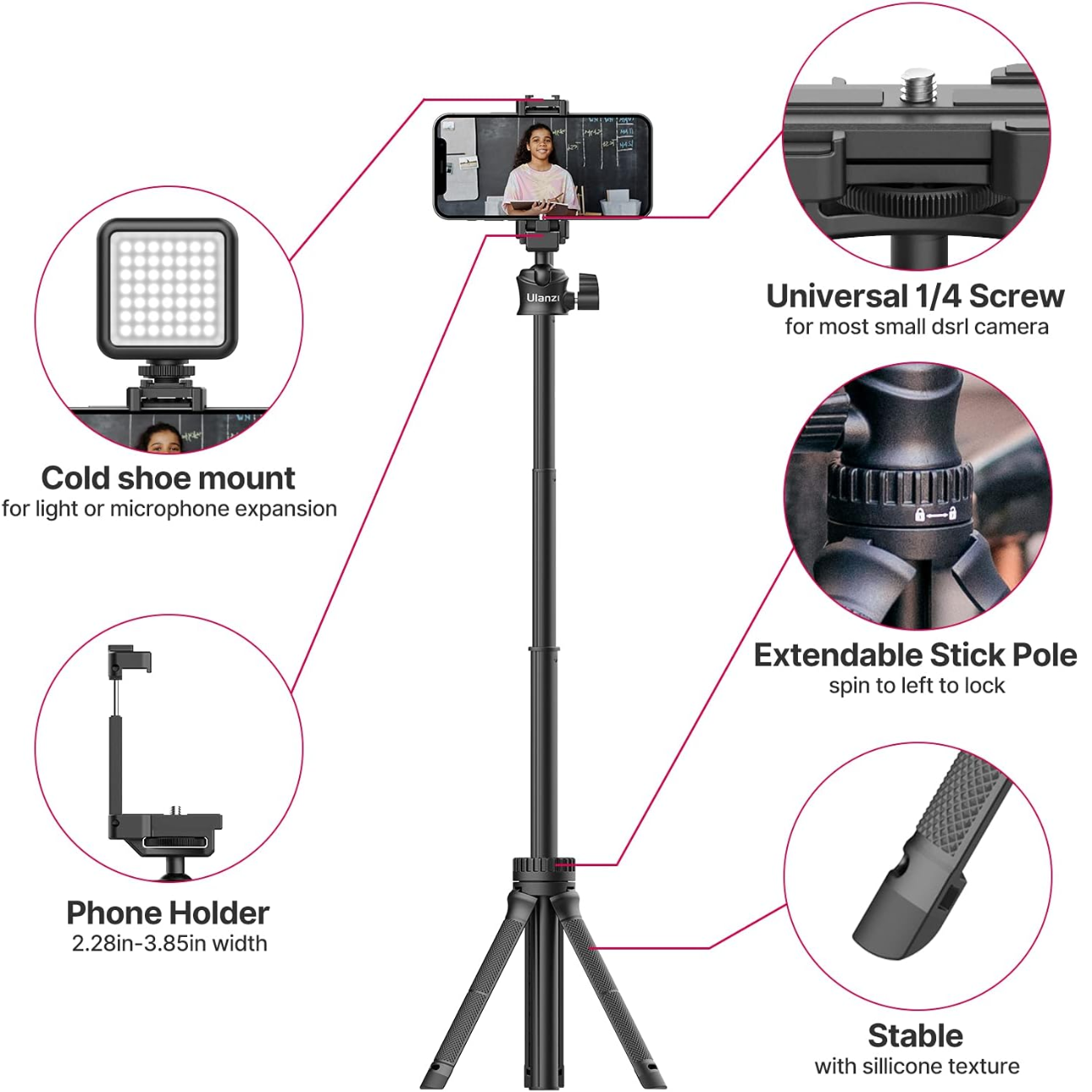 GXCT MT-34 81cm 3 In 1 Extendable Tripod with phone holder and cold shoe mount for versatile photography