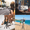 GXCT MT-34 81cm 3 In 1 Extendable Tripod shown in various settings including outdoor, indoor, and beach use