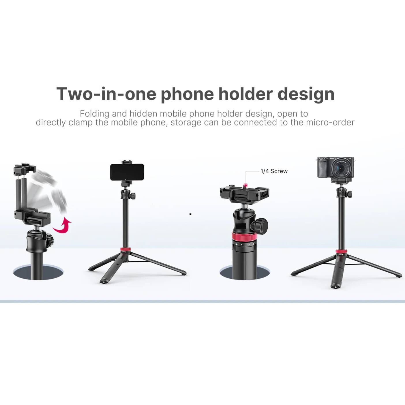 GXCT MT-44 Extendable Phone Tripod with two-in-one phone holder design for versatile use