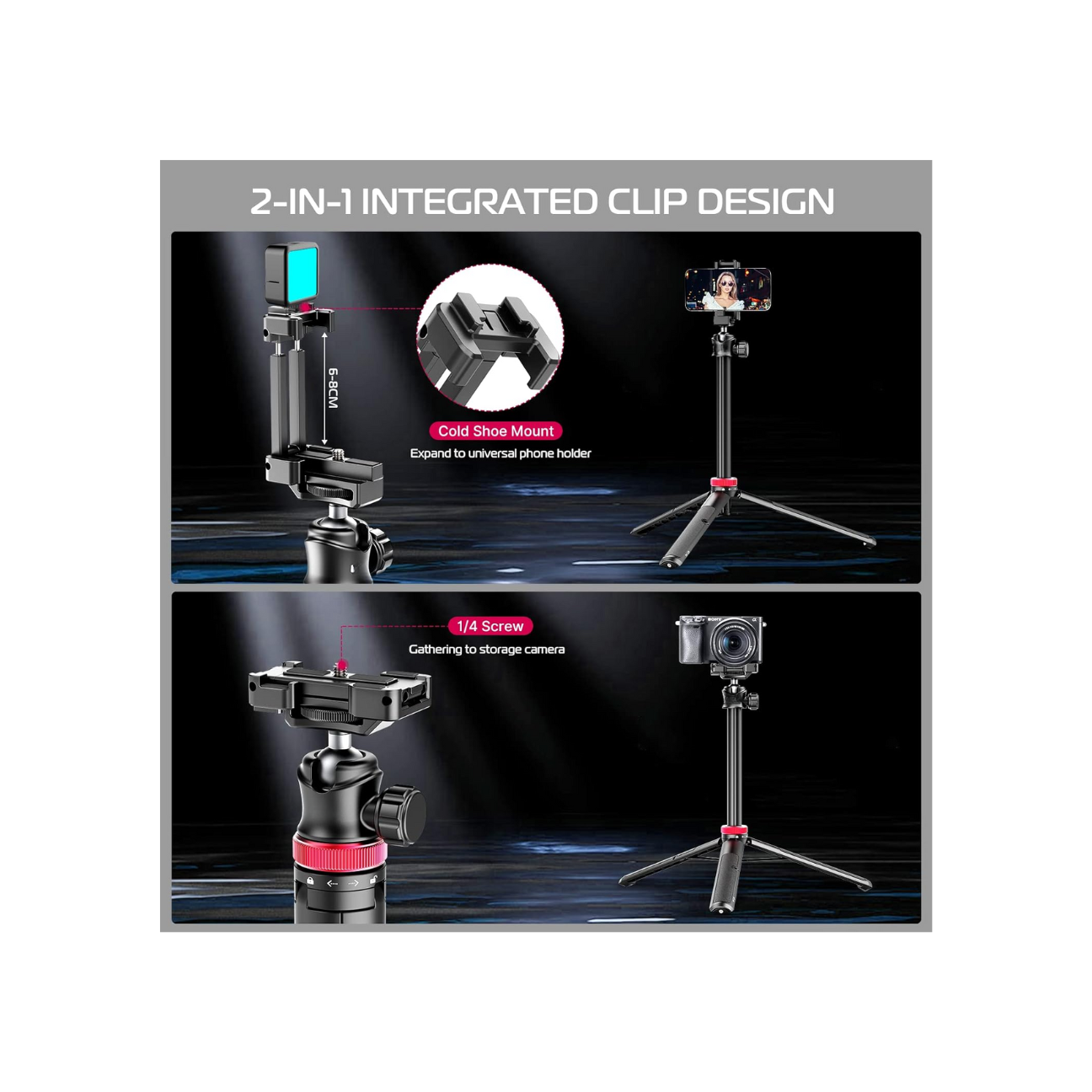 GXCT MT-44 Extendable Phone Tripod with integrated clip design for smartphones and cameras