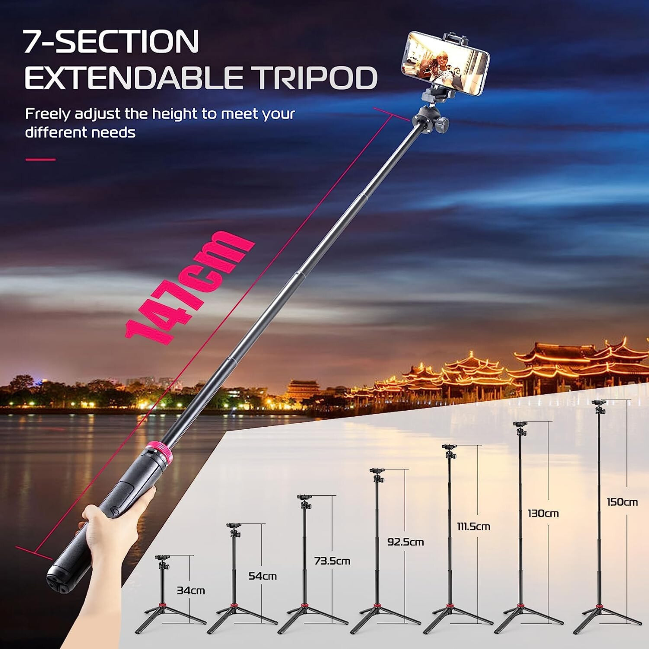 GXCT MT-44 Extendable Phone Tripod with 7 sections for customizable height for photography needs