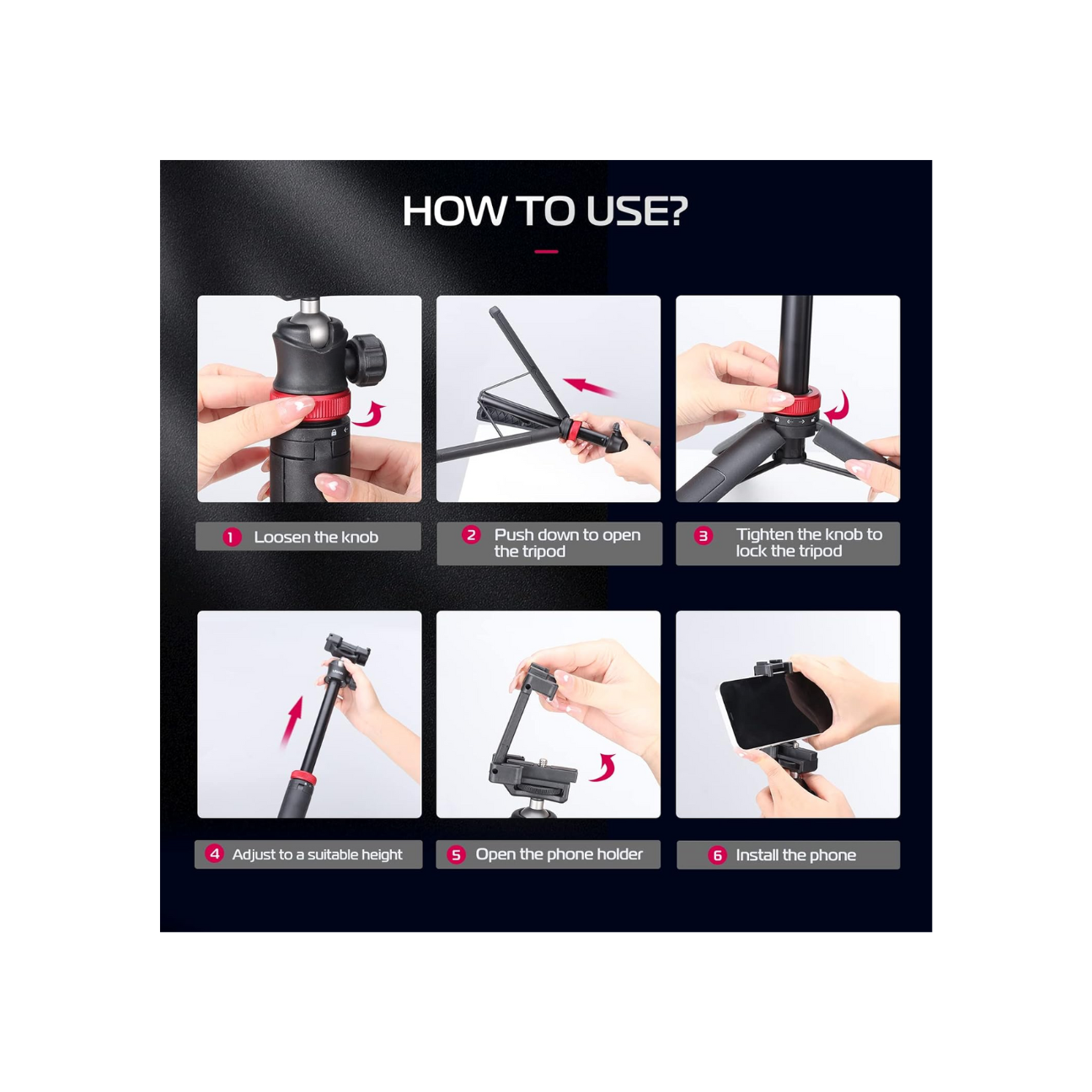 Instructions for using the GXCT MT-44 Extendable Phone Tripod with step-by-step visuals