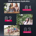 GXCT MT-44 Extendable Phone Tripod shown in three scenarios: live broadcast, selfie, and group photo