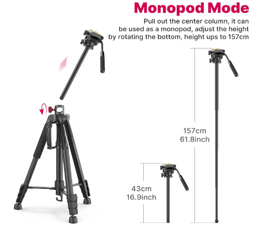 GXCT VT-02 Universal Tripod showcasing monopod mode with adjustable height and design features