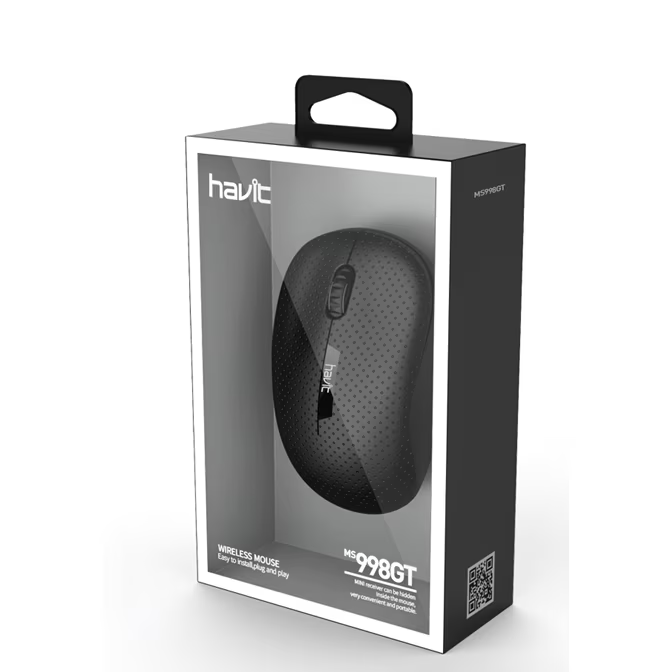 Wireless Mouse in Black Packaging with Ergonomic Design and USB Receiver for Easy Connectivity