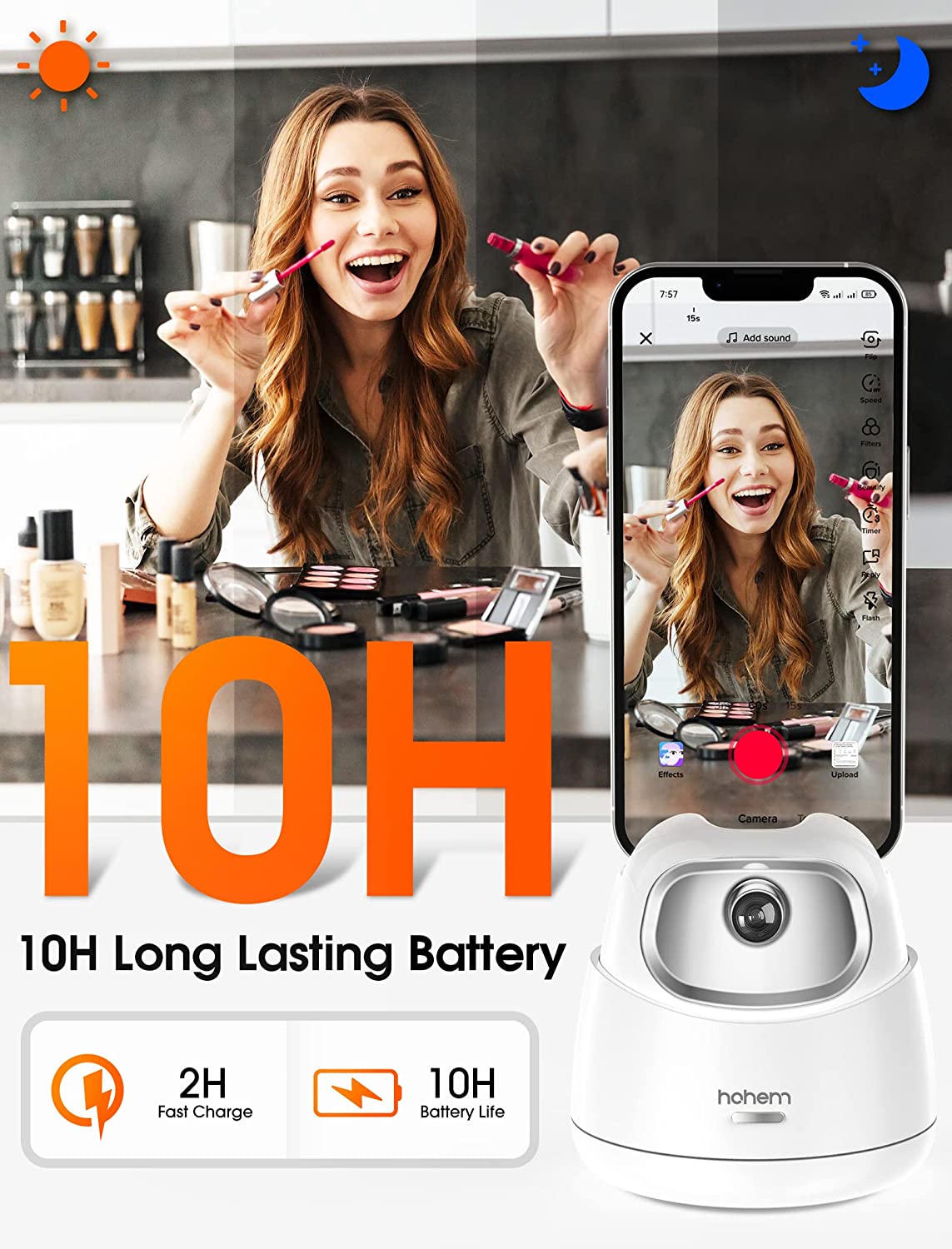 Auto face tracking gimbal with 10H long-lasting battery and fast charging feature