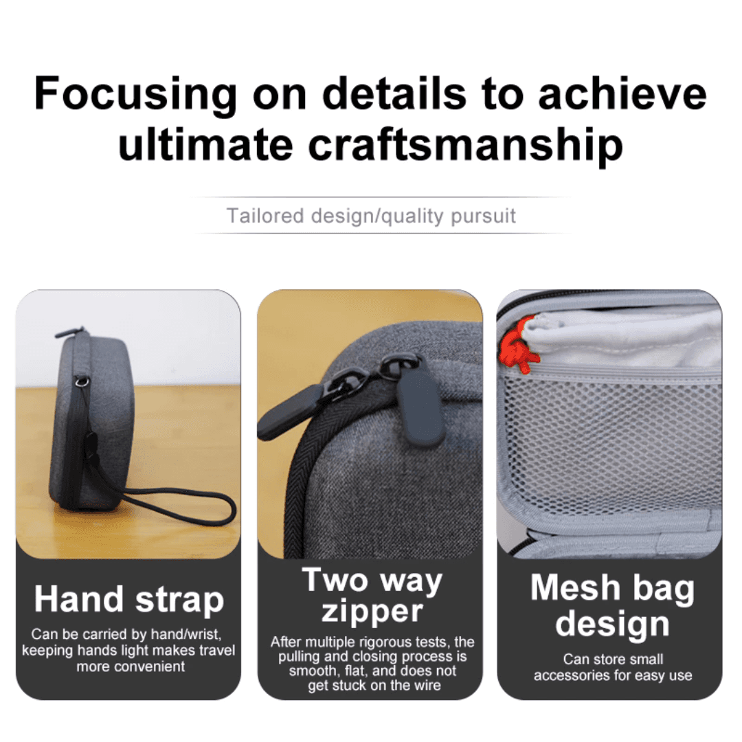 Hohem gimbal carrying case with hand strap, two-way zipper, and mesh bag design for easy storage