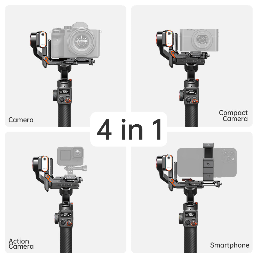 Hohem iSteady MT2 3-axis gimbal stabilizer displayed for camera, compact camera, action camera, and smartphone use