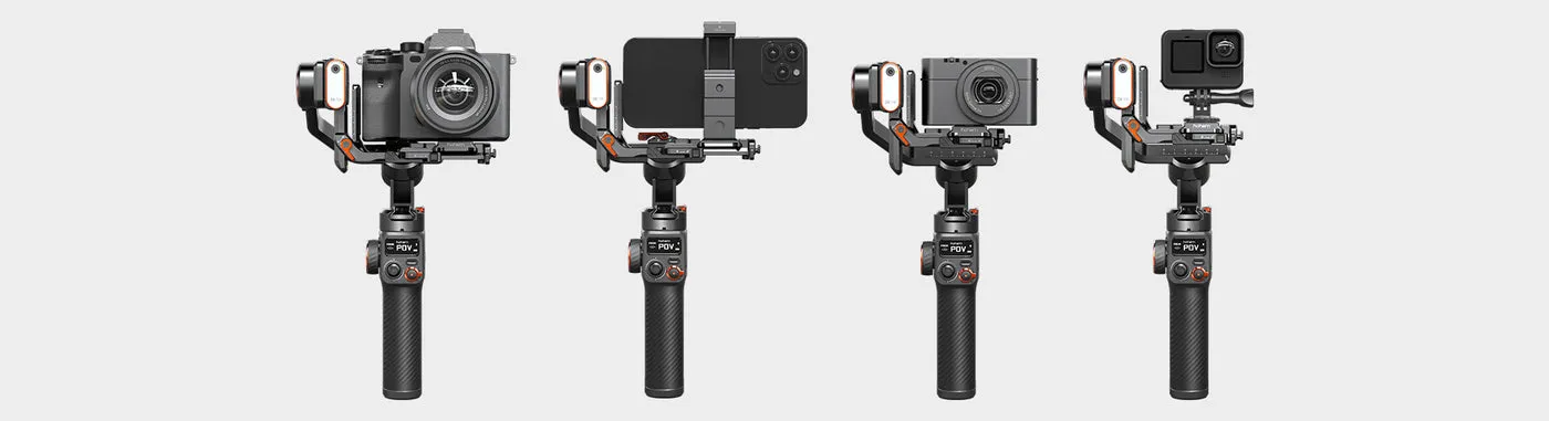 Hohem iSteady MT2 3-axis gimbal stabilizer displaying versatility with different cameras and smartphones