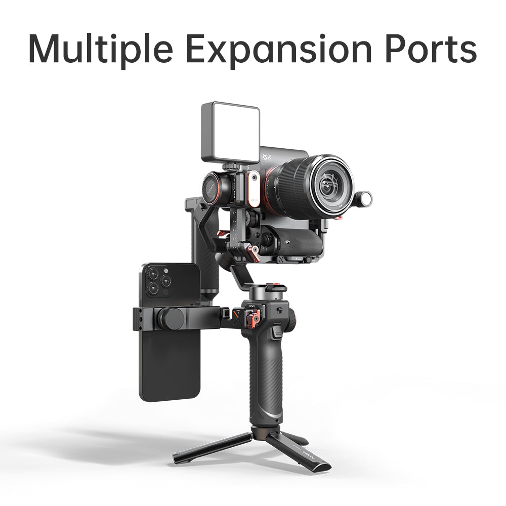 Hohem iSteady MT2 3-axis gimbal stabilizer showcasing multiple expansion ports for enhanced device compatibility
