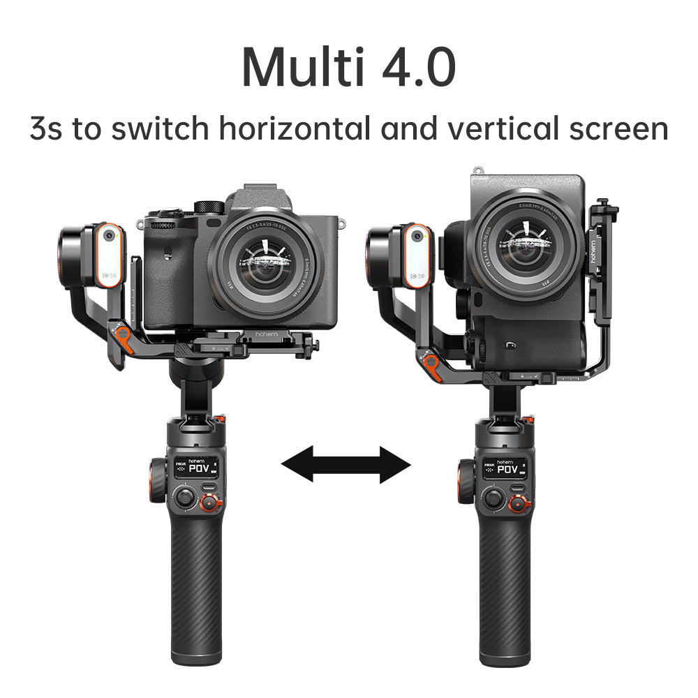 Hohem iSteady MT2 3-axis gimbal stabilizer showcasing horizontal and vertical screen switching