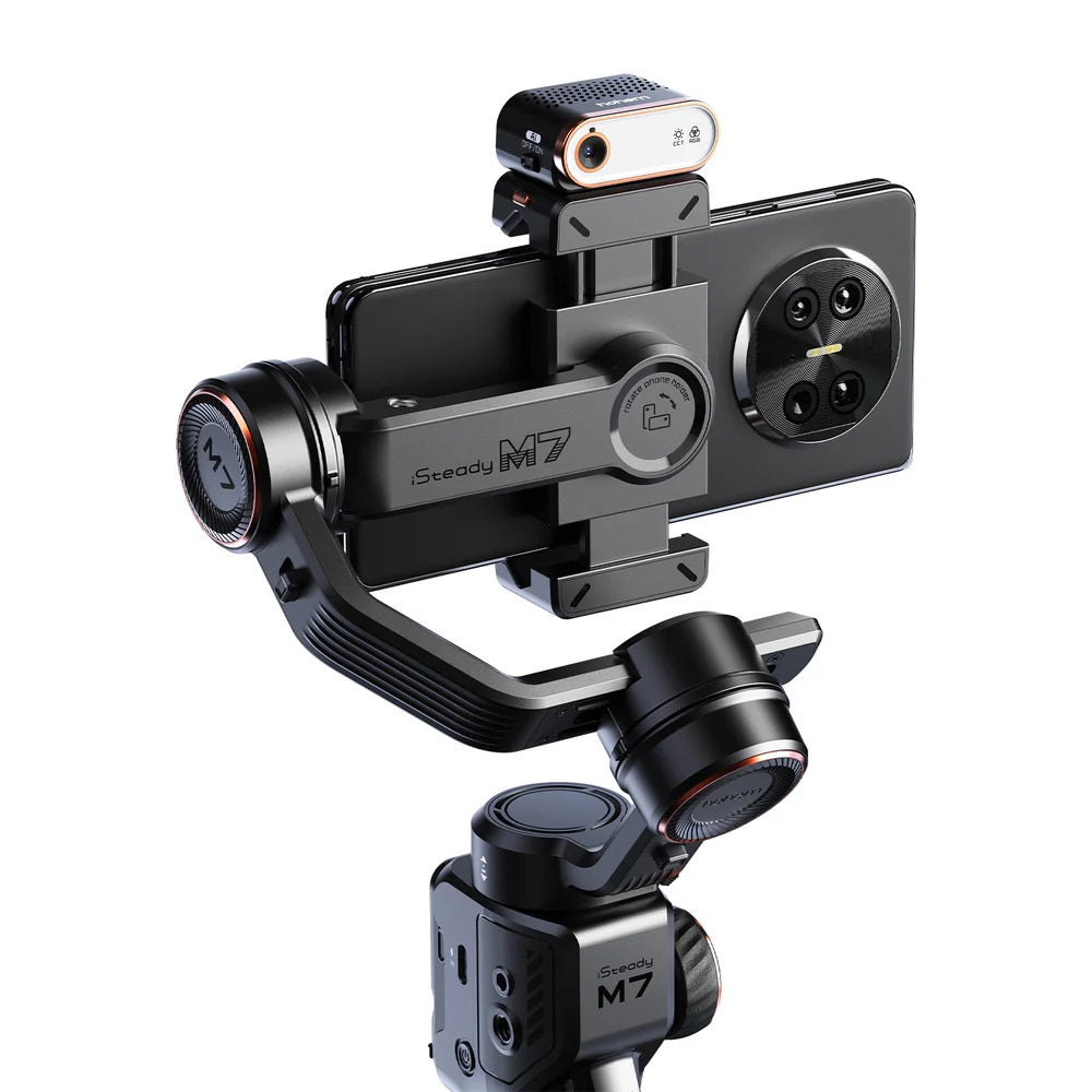 Hohem iSteady M7 gimbal for smartphone with stabilizing features and adjustable settings