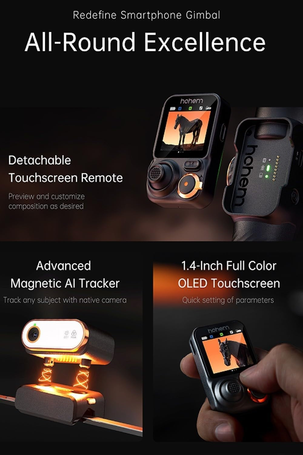 Hohem iSteady M7 gimbal for smartphone showcasing detachable touchscreen remote and AI tracker features