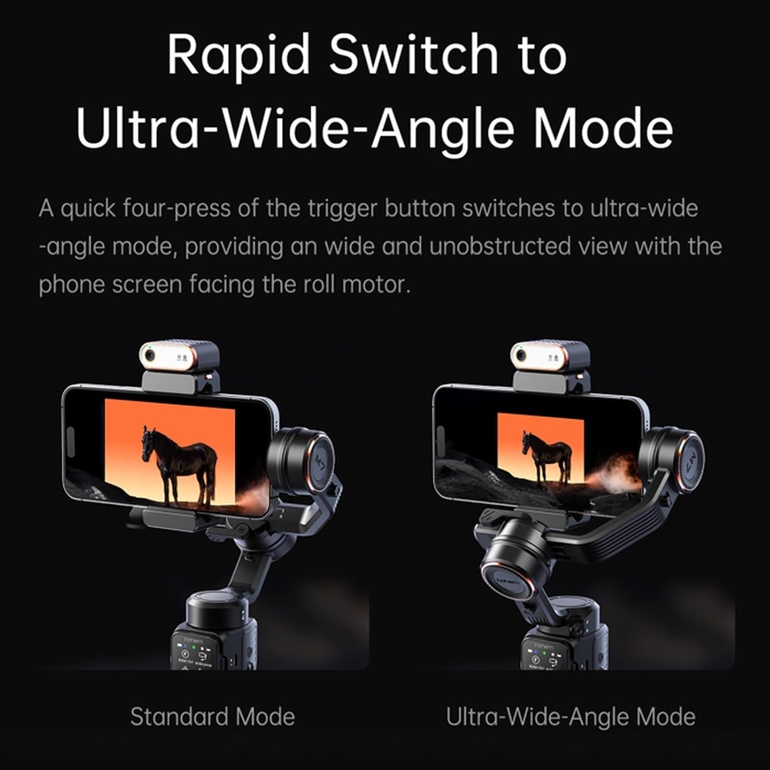 Hohem iSteady M7 gimbal for smartphone showcasing rapid switch to ultra-wide-angle mode with phone display