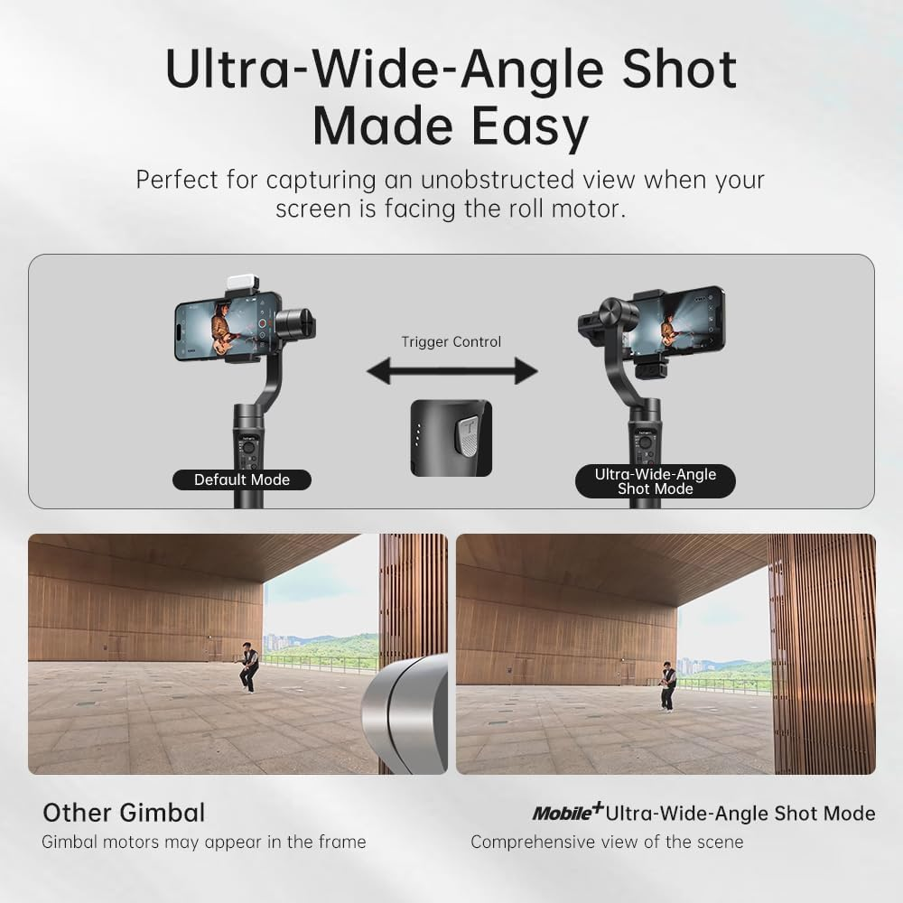 Hohem iSteady Mobile Plus gimbal showcasing ultra-wide-angle shot mode for seamless mobile shooting