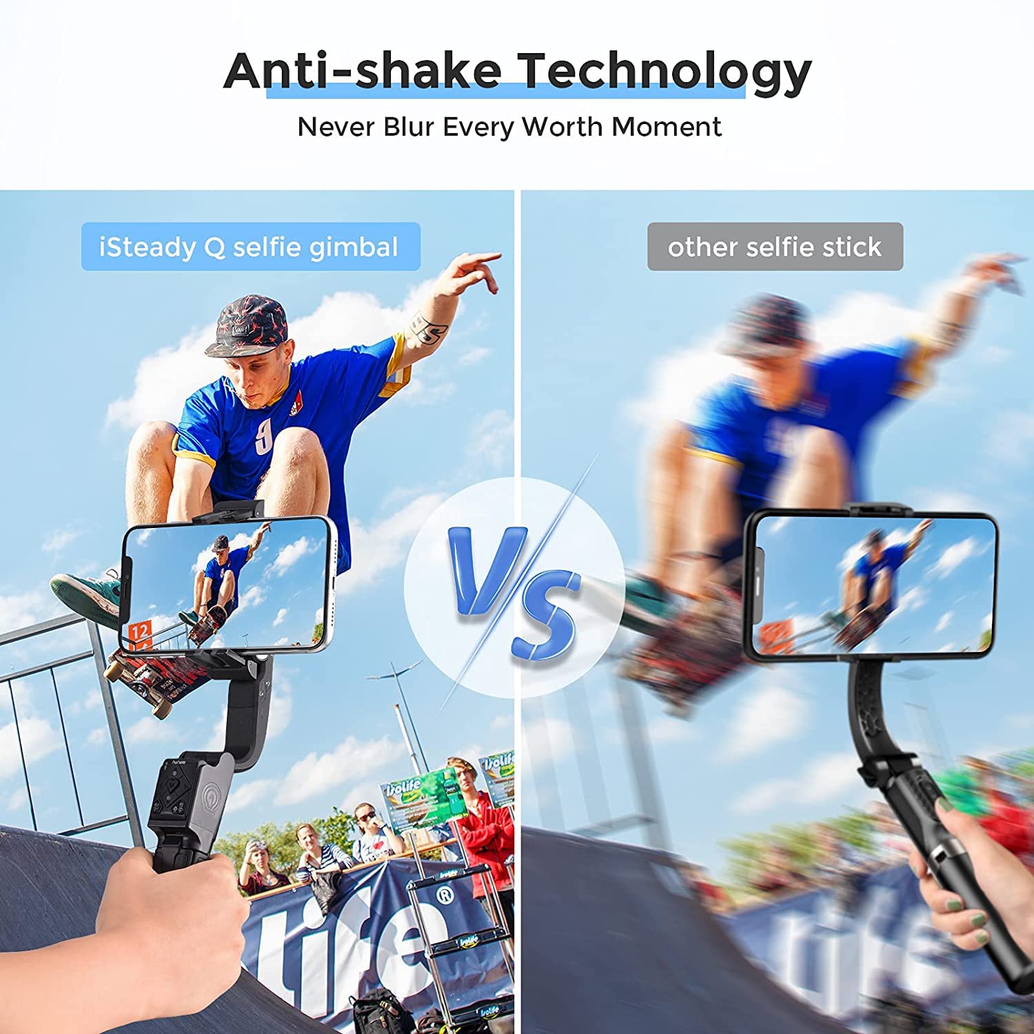 Comparison of Hohem iSteady Q gimbal stabilizer for smartphones showing anti-shake technology in action