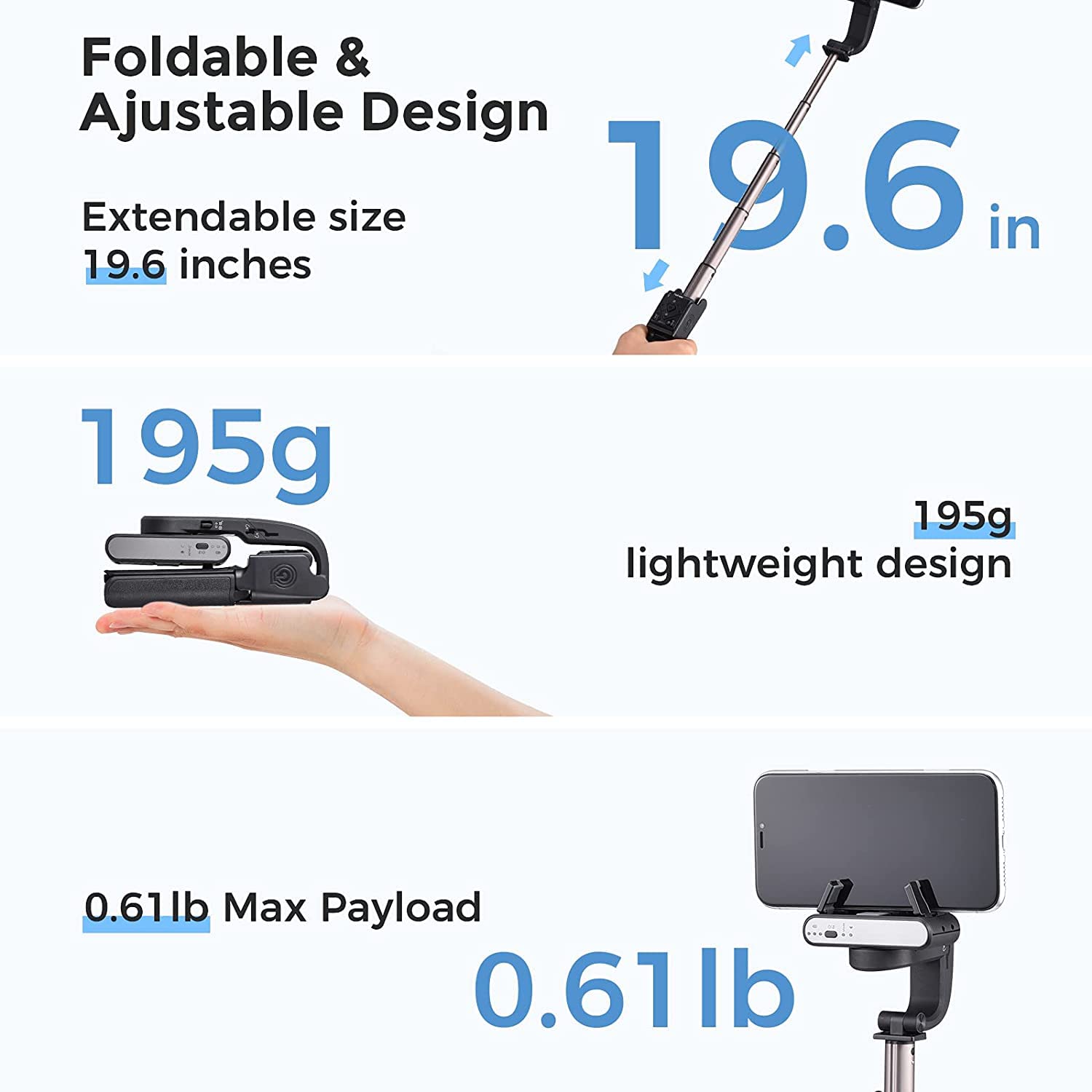 Hohem iSteady Q gimbal stabilizer for smartphones with a foldable design and adjustable extendable size of 19.6 inches