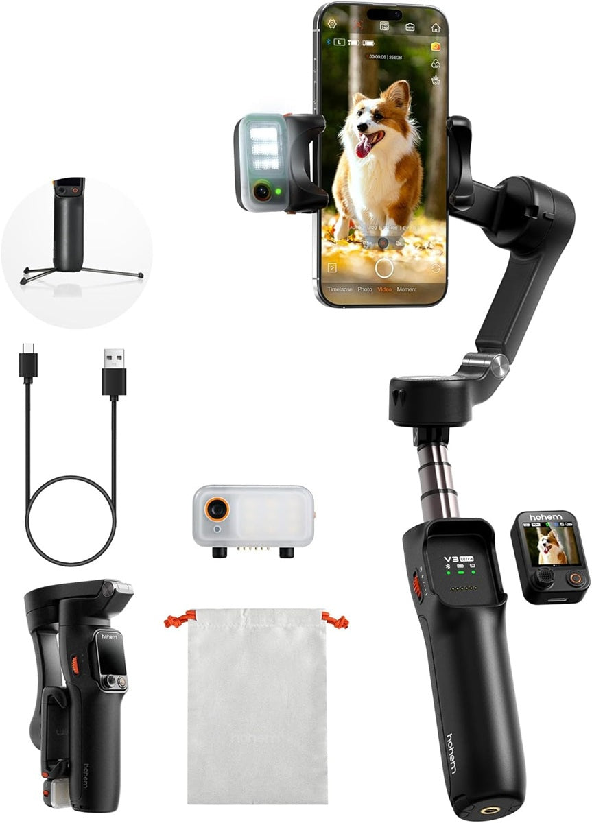 Hohem iSteady V3 Ultra AI tracking gimbal for smartphones with adjustable stand and accessories