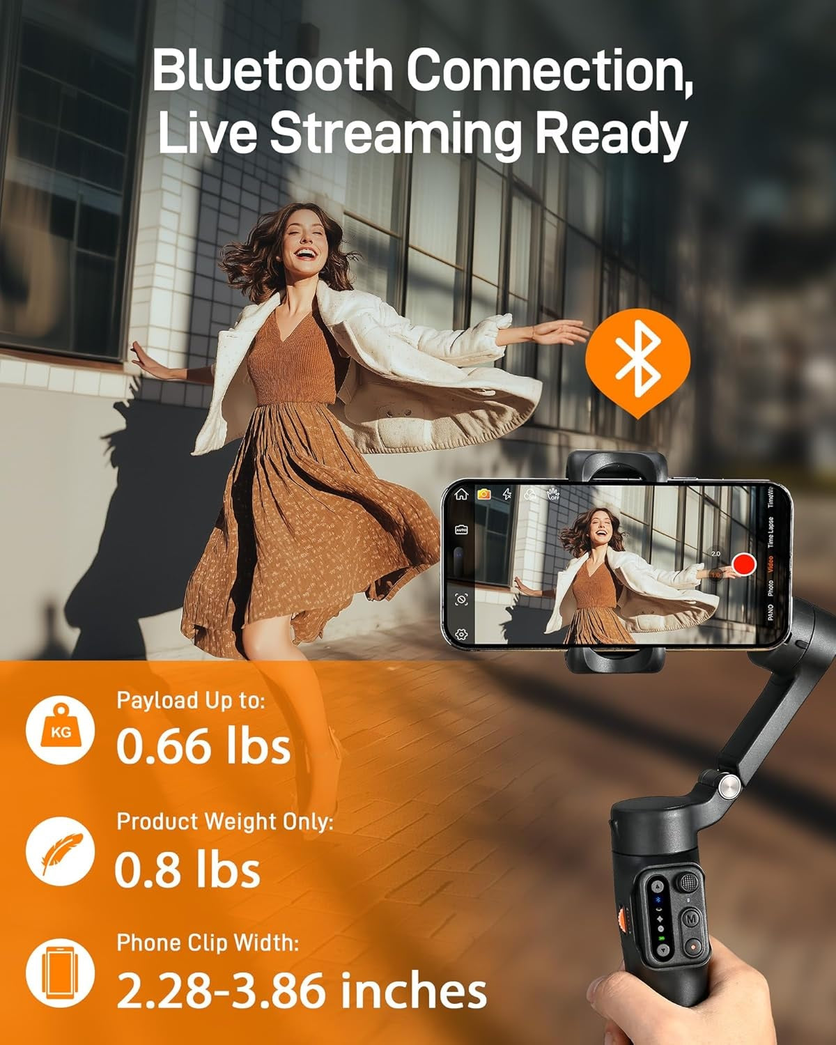 Hohem iSteady X3 SE for vlogging with Bluetooth connection and phone clip, perfect for live streaming
