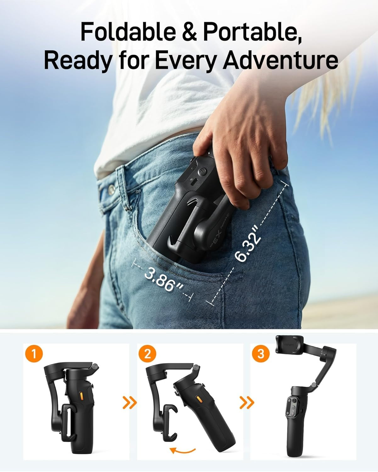 Hohem iSteady X3 SE for vlogging shown as a foldable and portable gimbal ready for adventures