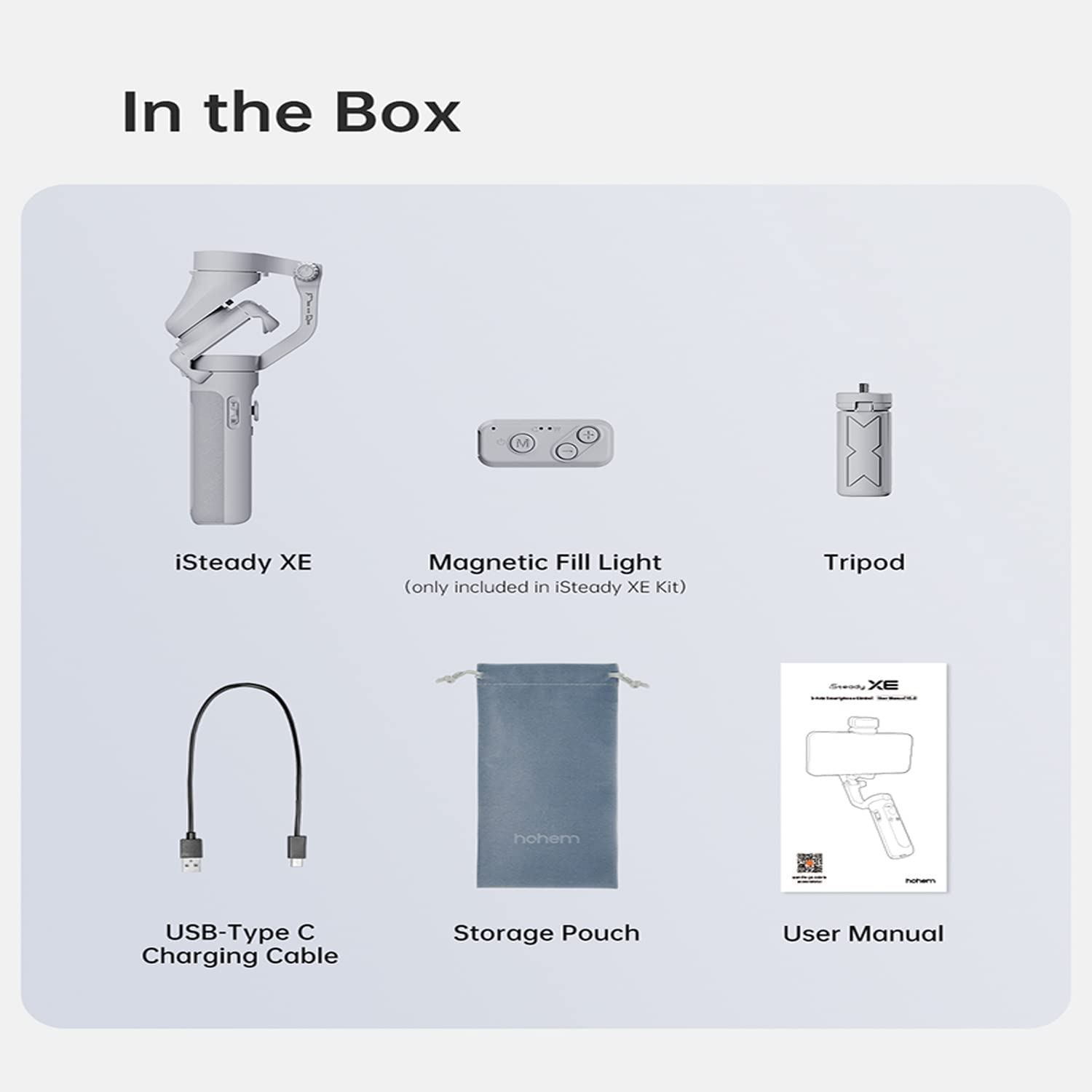 Hohem iSteady XE smartphone gimbal kit with tripod, magnetic light, and storage pouch included