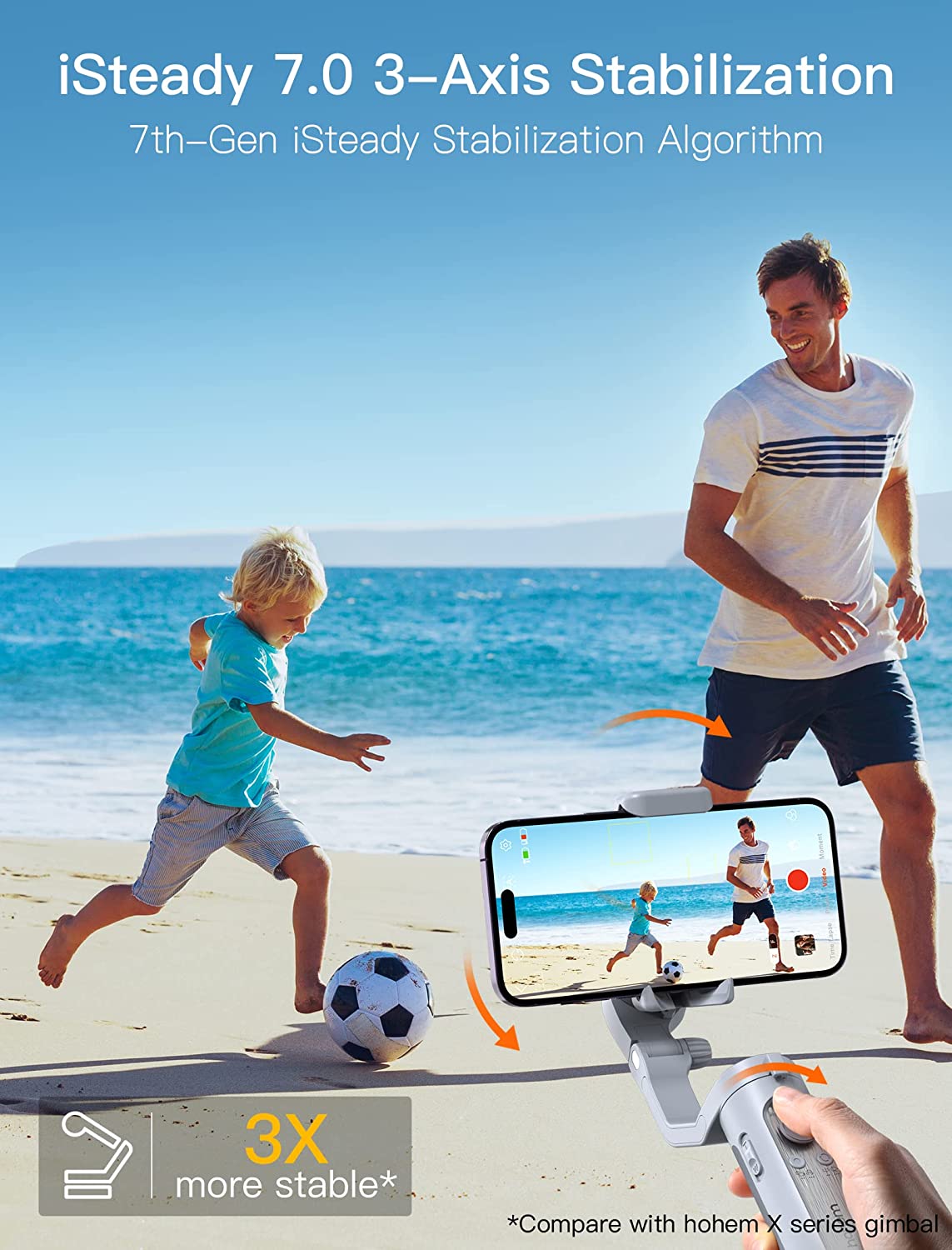 Hohem iSteady XE smartphone gimbal demonstrating 3-axis stabilization at the beach with a child playing soccer