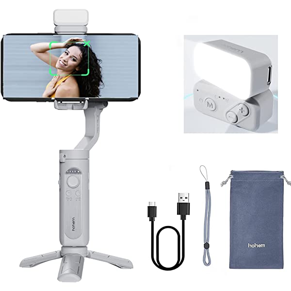 Hohem iSteady XE smartphone gimbal with accessories including light and USB cable for stable filming