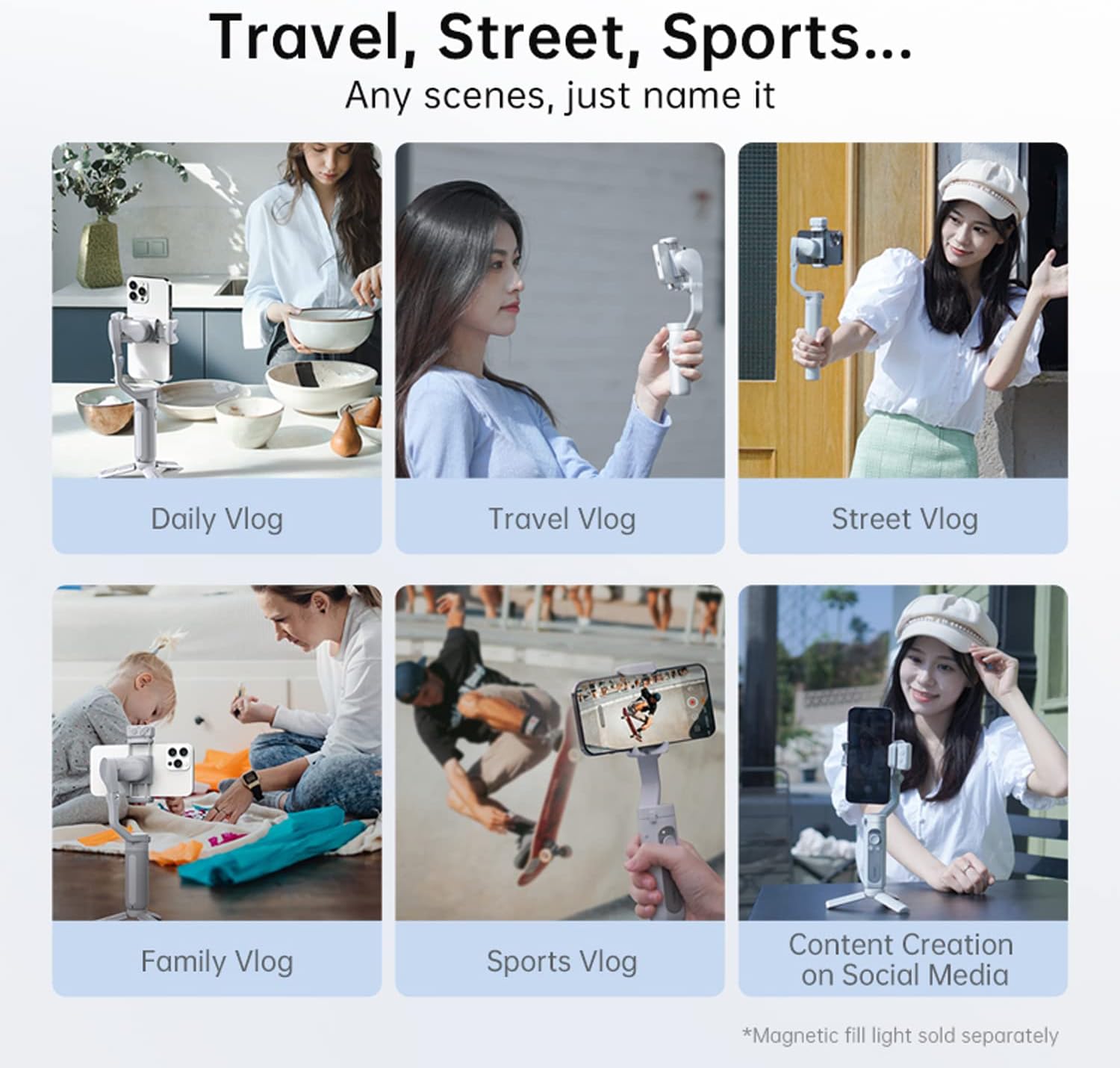 Hohem iSteady XE smartphone gimbal used in various scenes like travel, family vlogs, and social media content creation