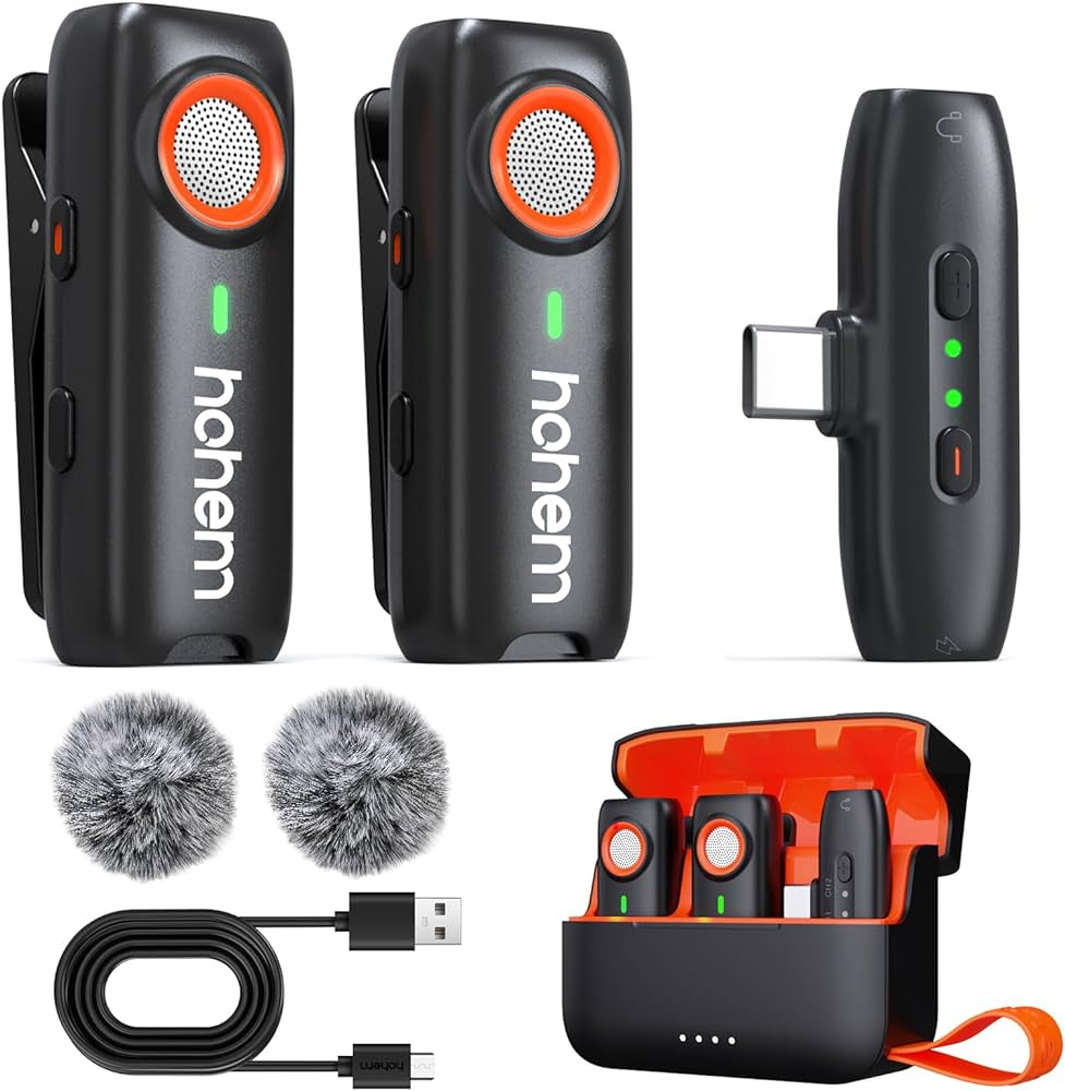 Hohem wireless Lavalier microphone set with two transmitters, charging case, and accessories for clear audio recording