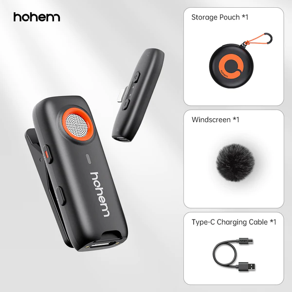 Hohem wireless Lavalier microphone with storage pouch, windscreen, and Type-C charging cable included