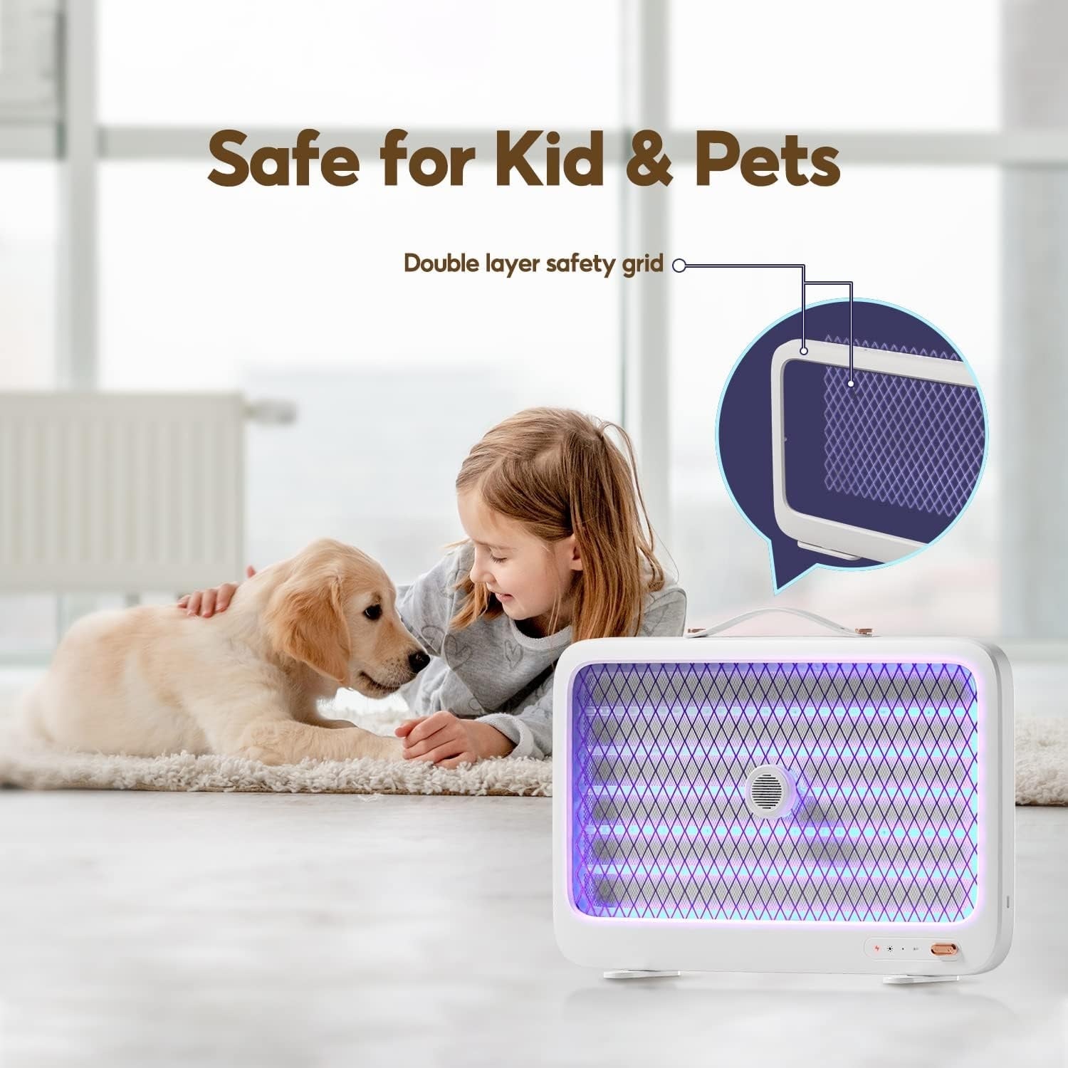 Indoor mosquito killer rechargeable lamp safe for kids and pets with double layer safety grid