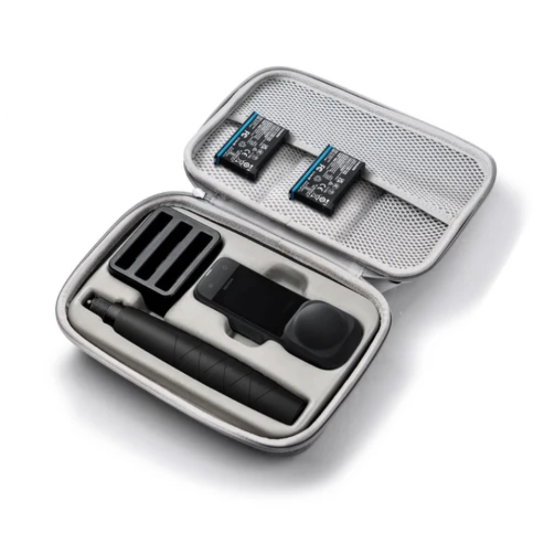 Insta 360 Carry Case with compartments for accessories including batteries and a selfie stick