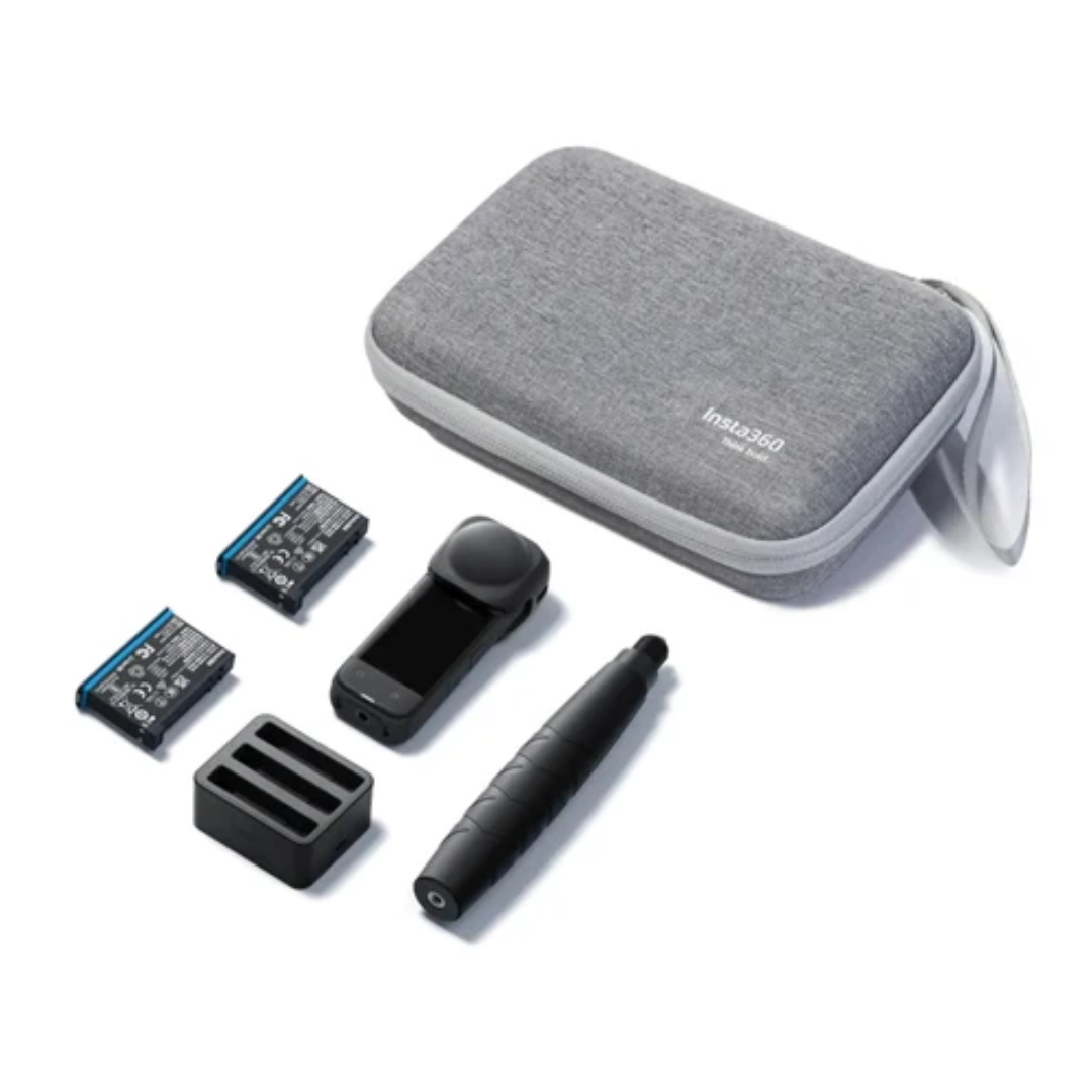Insta 360 Carry Case with extra batteries, a cleaning pen, and a device organizer for camera accessories