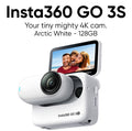 Insta360 GO 3S Arctic White 4K Tiny Waterproof Action Camera with a flip-up screen and 128GB storage
