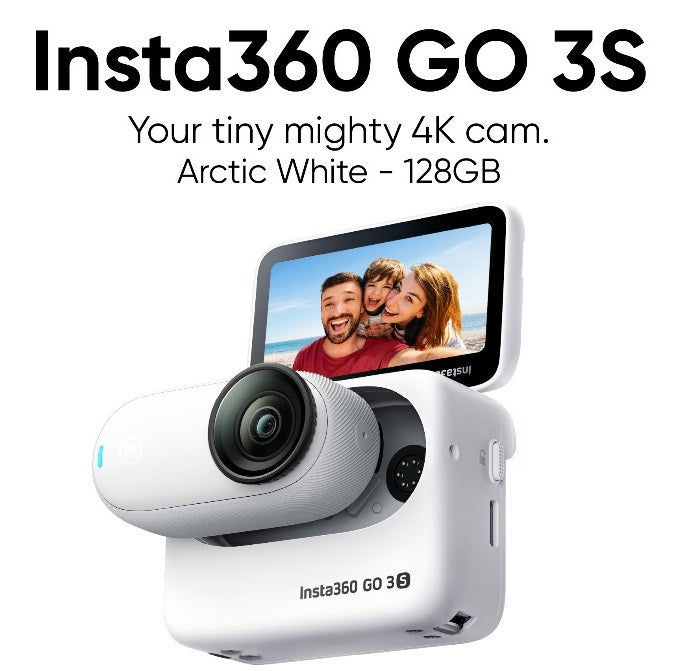 Insta360 GO 3S Arctic White 4K Tiny Waterproof Action Camera with a flip-up screen and 128GB storage
